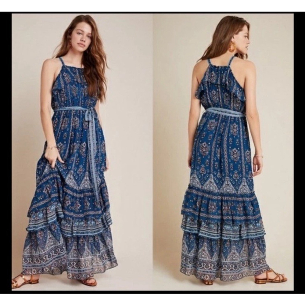 Anthropologie Sasha Ruffled Maxi Dress Size XS Blue Paisley Print Halter Neck